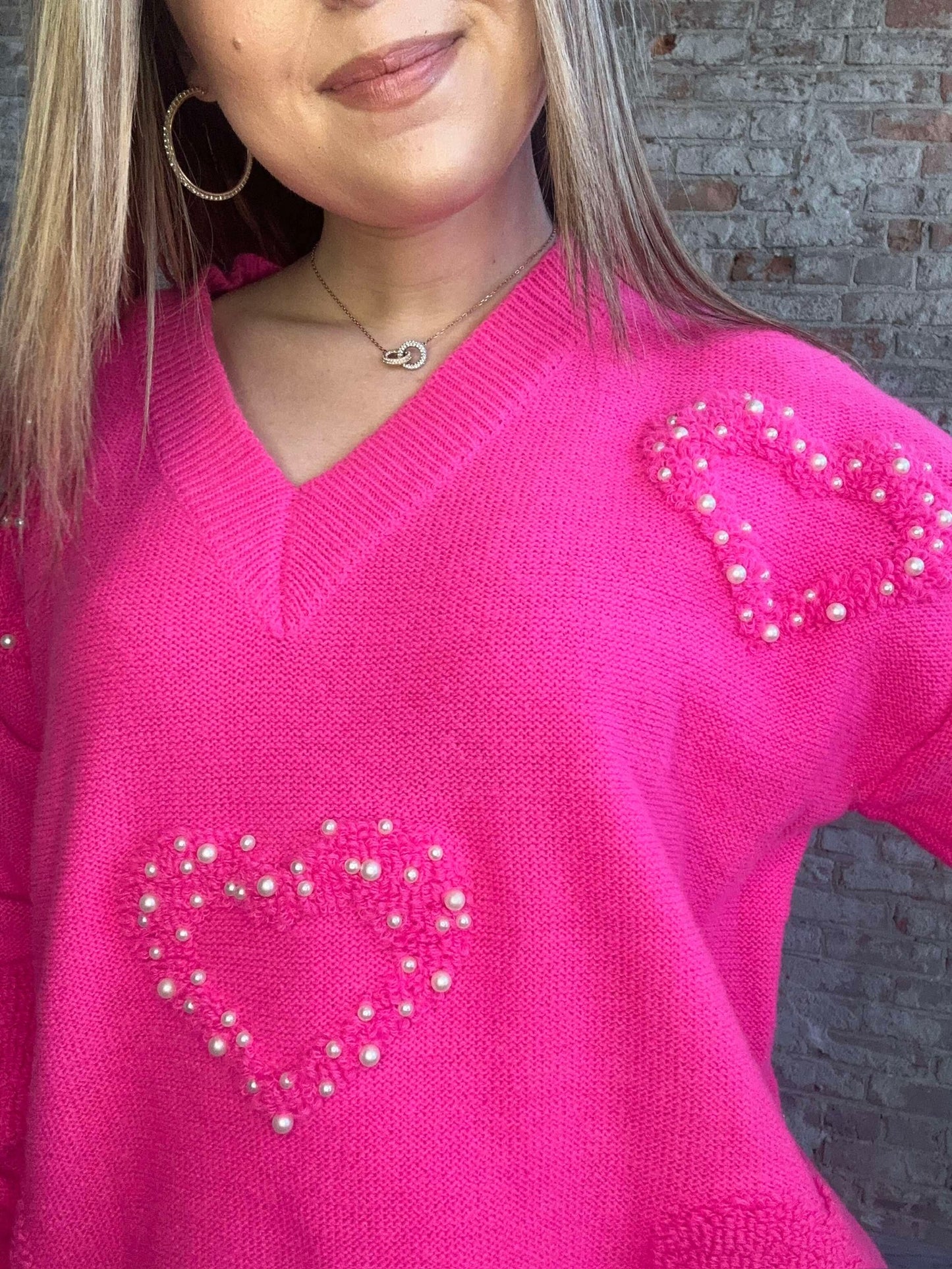 Heart Pearl Oversize Sweater ~ Fuchsia