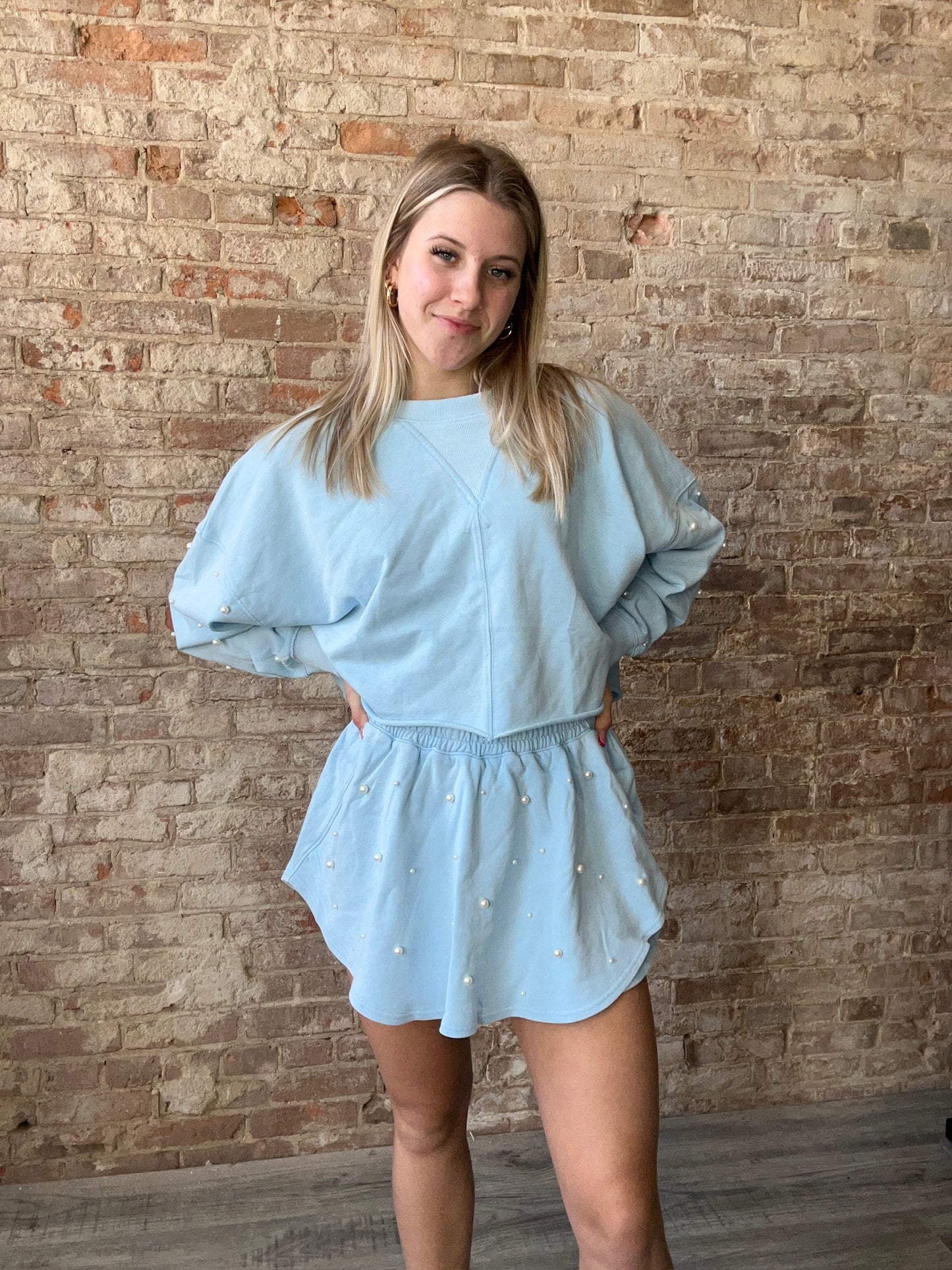 Sweet Light Blue Cropped Sweatshirt with Pearled Sleeves