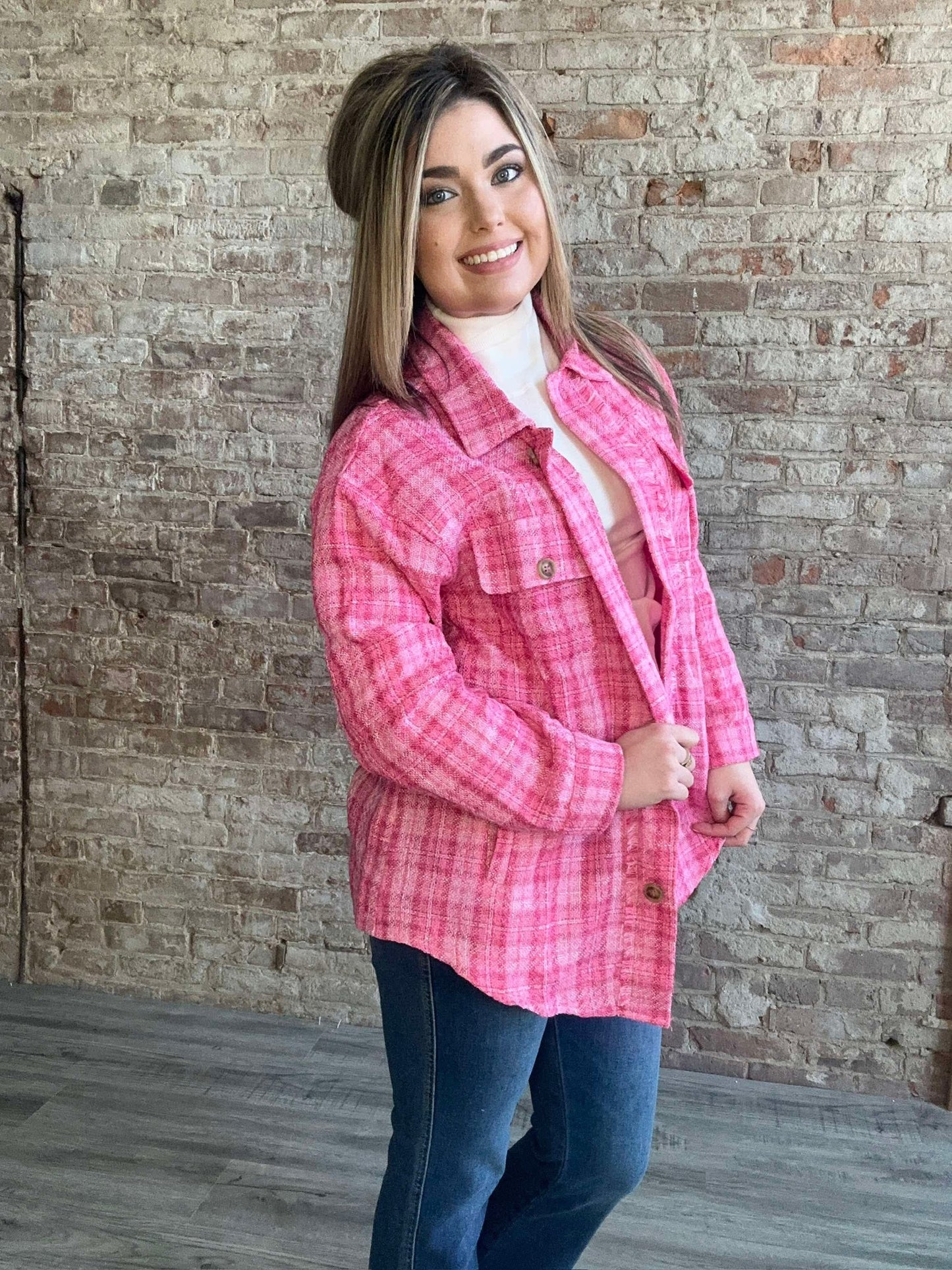 Sweet Pink Tweed Button Down Shacket