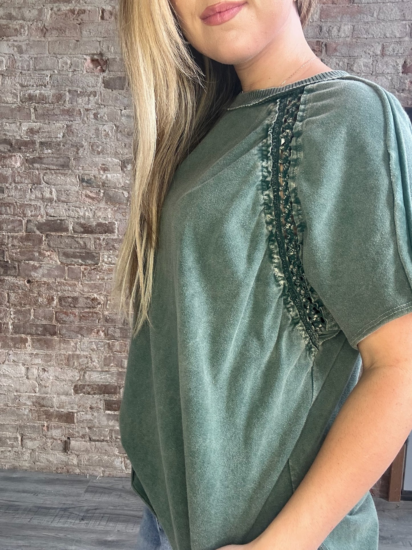 Mineral Washed Floral Trim Top  ~ Olive