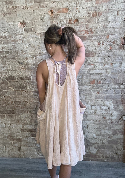 Mineral Washed Sleeveless Oversized Gauze Dress  ~  Taupe/Lavender