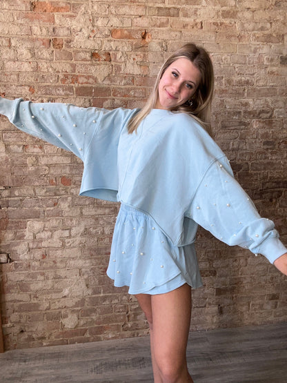 Sweet Light Blue Cropped Sweatshirt with Pearled Sleeves