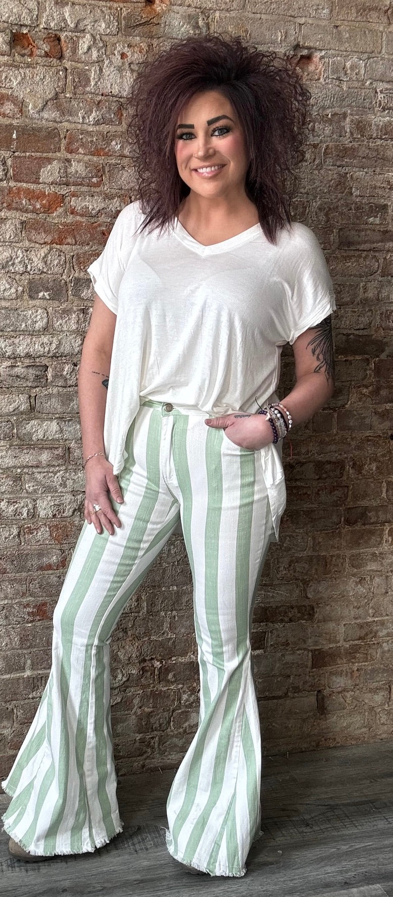 Striped Bell Bottom Jeans ~ Olive