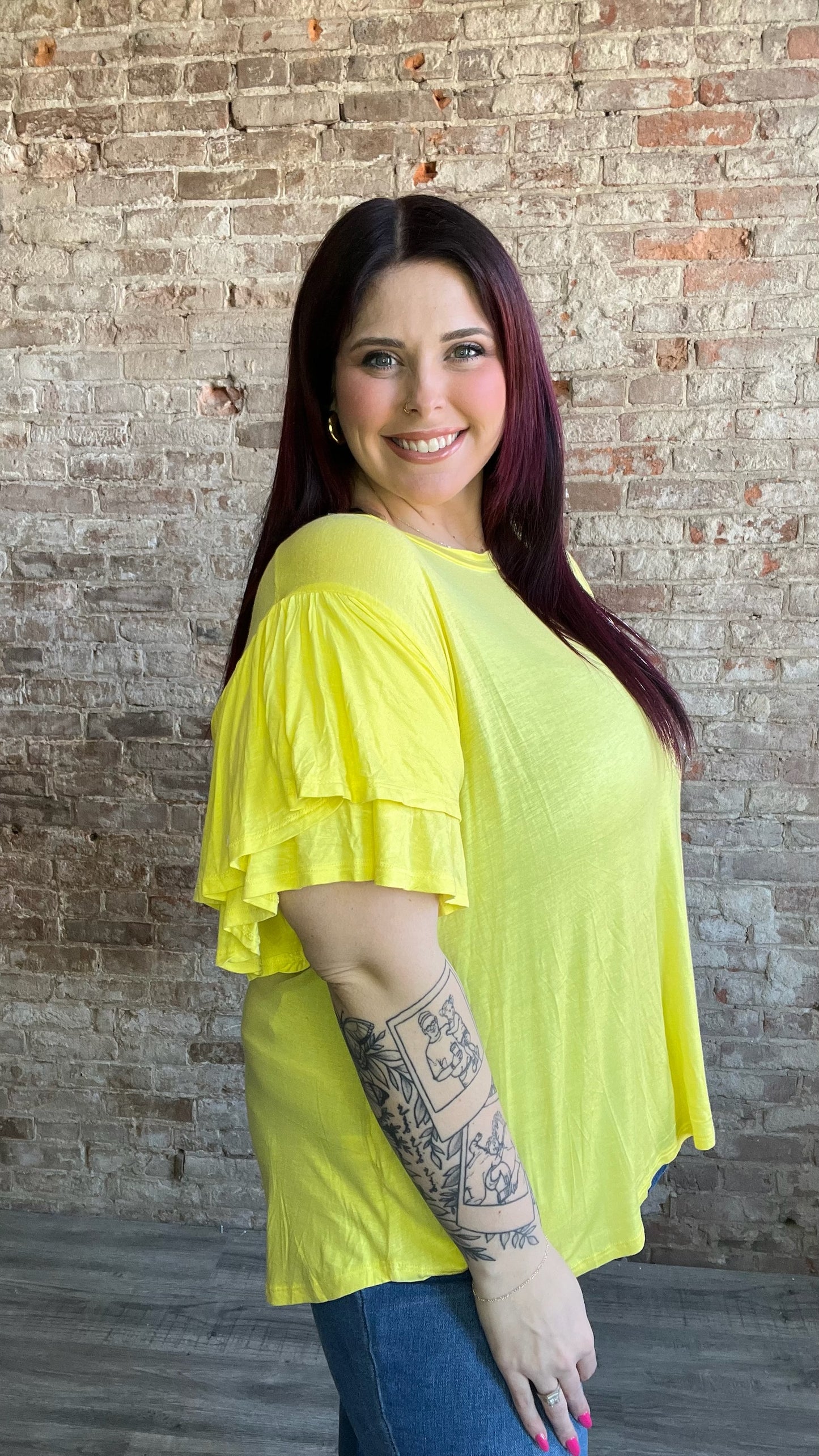 Curvy Crew Flared Ruffle Sleeved Top ~ Yellow