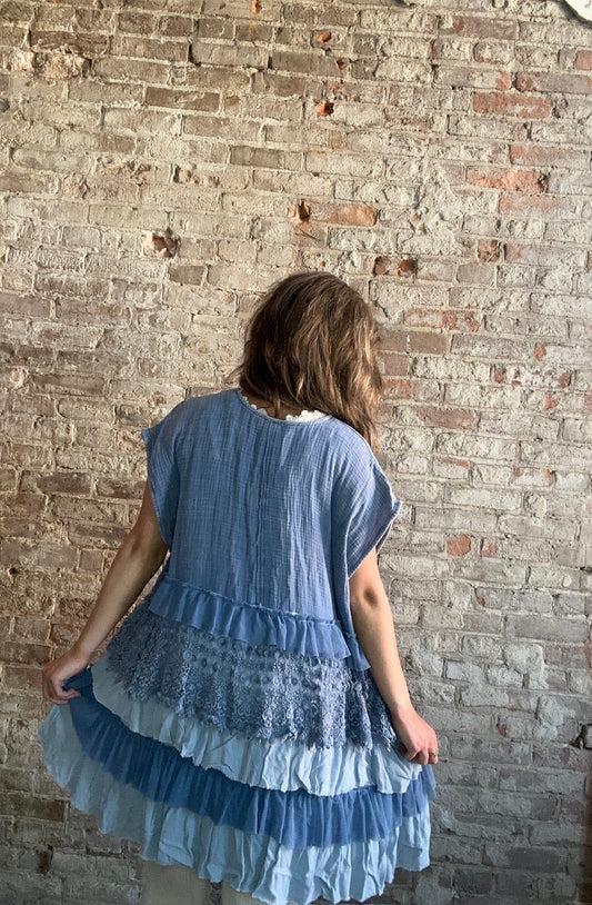 Mineral Washed Tiered Ruffle Vest ~ Blue