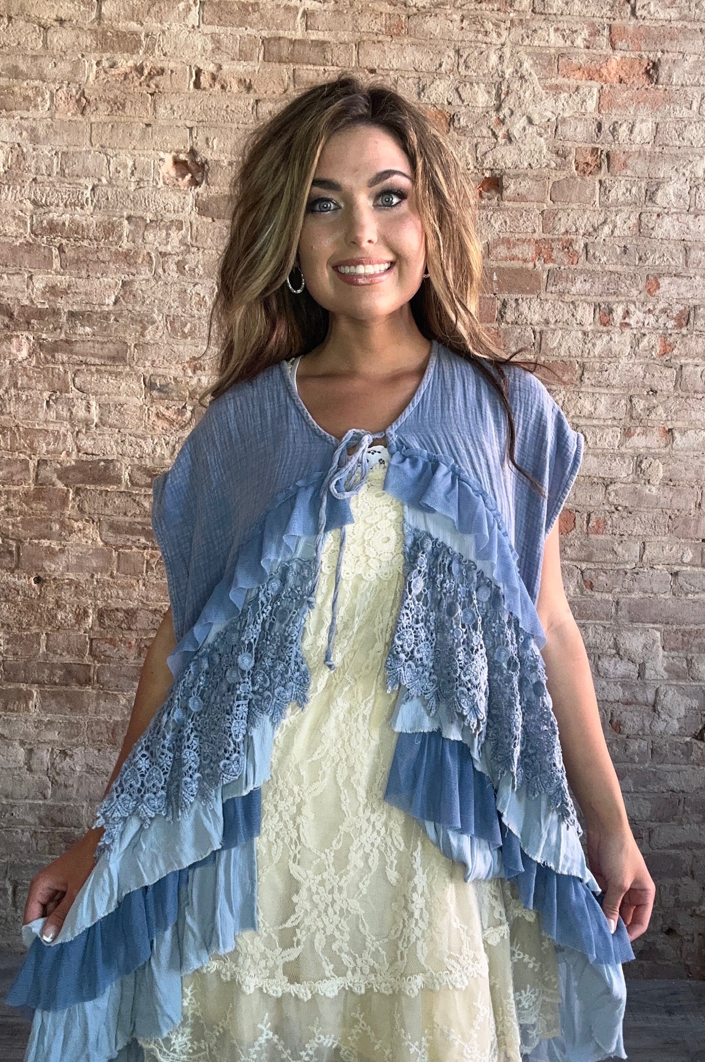 Mineral Washed Tiered Ruffle Vest ~ Blue