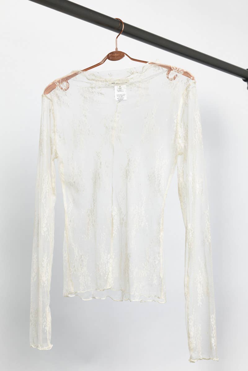 Long Sleeved Sheer Lace Mesh Layering Top ~ Cream