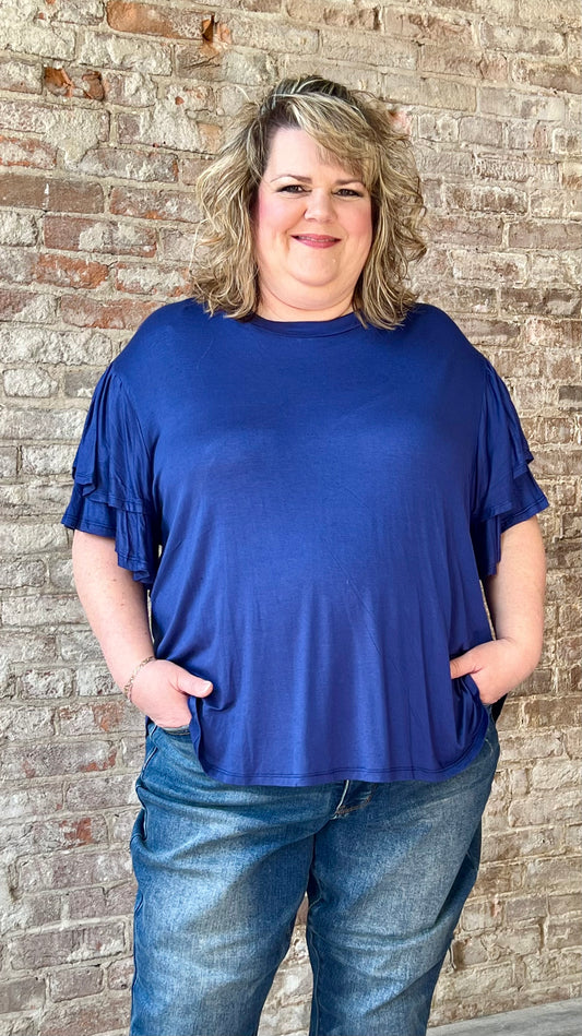 Curvy Crew Flared  Ruffled Sleeved Top ~ Ink Blue