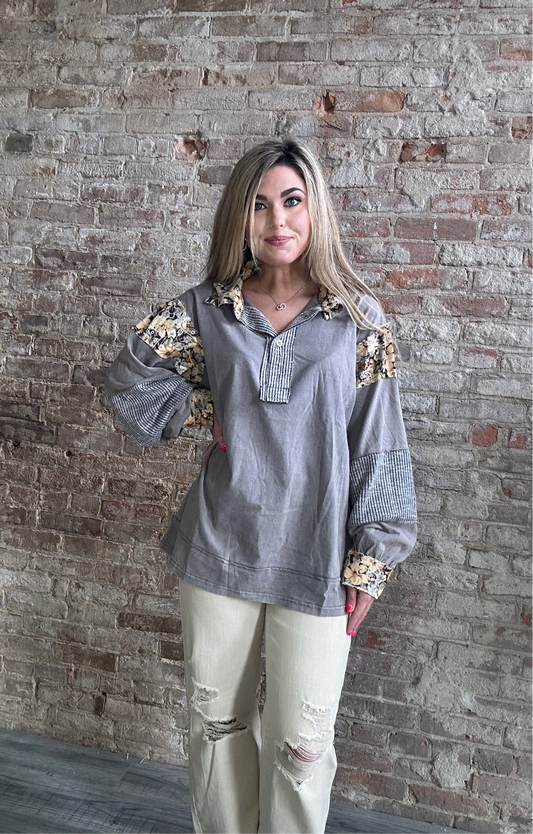 Gray and Floral  Accent 2 Button Knit