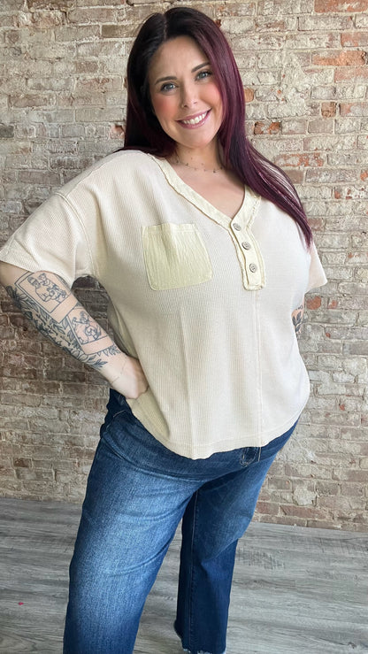 Curvy Waffle Knit Short Sleeved 3 Button Top ~ Cream