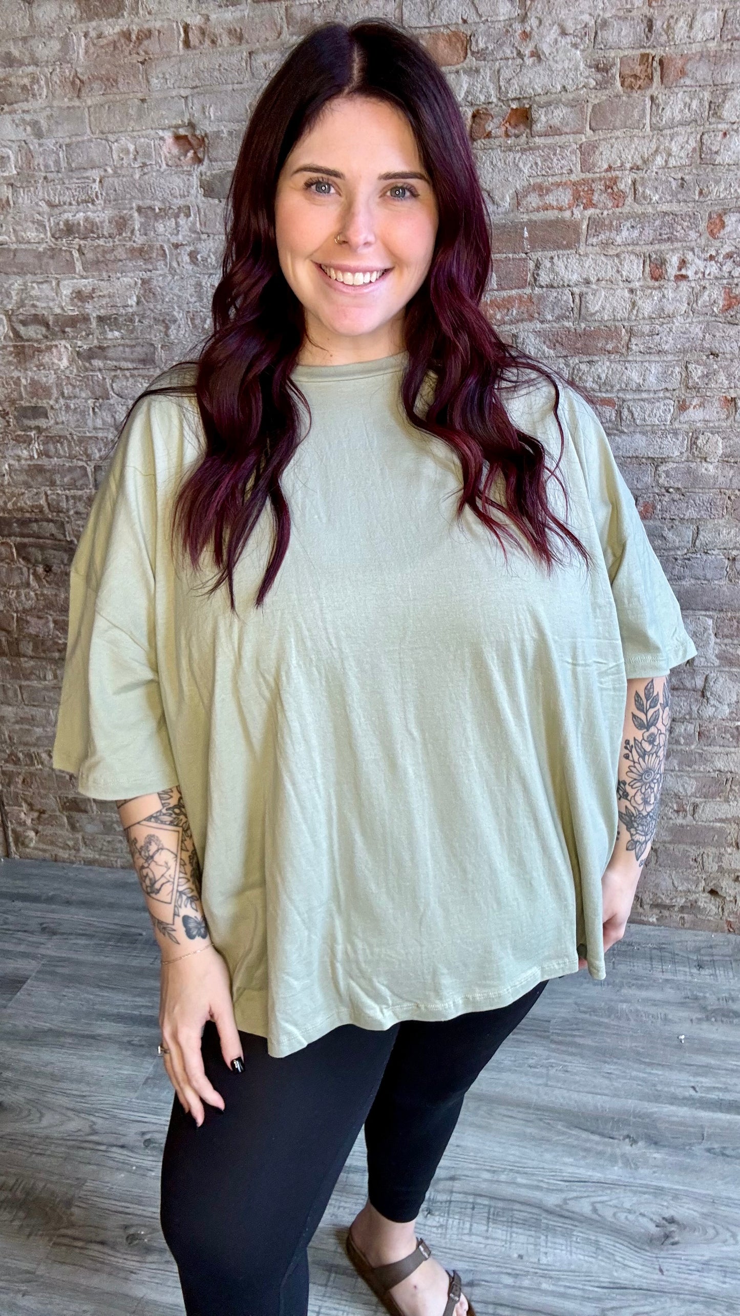 Curvy Cotton Drop Shoulder Boyfriend Box Tee ~ Sage