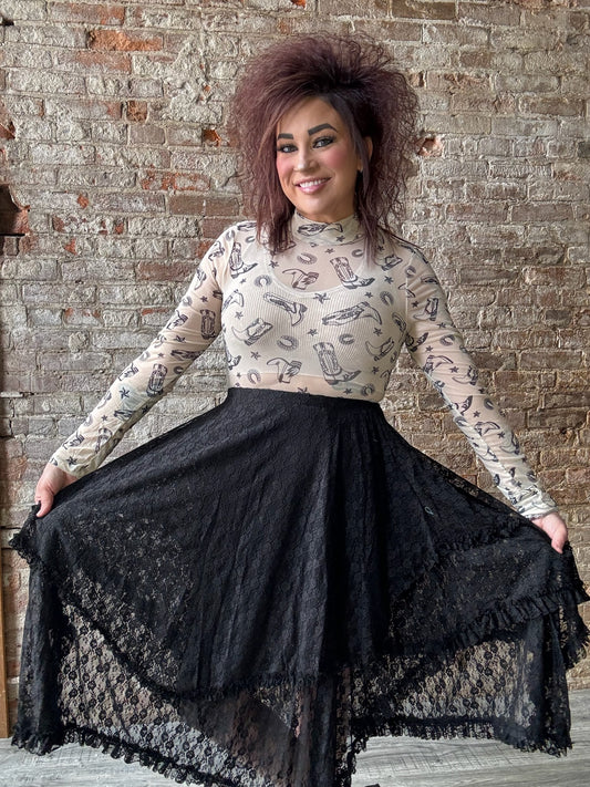 Sweet Lace Tier Midi Skirt ~ Black
