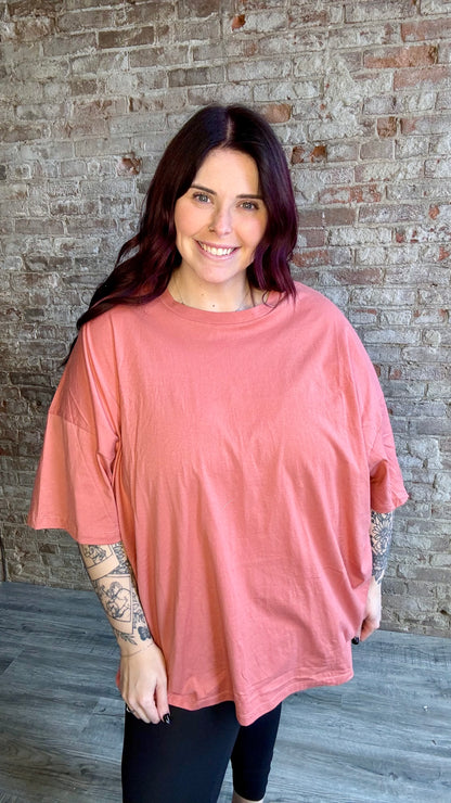 Curvy Cotton Shoulder Boyfriend Tee ~ Deep Coral