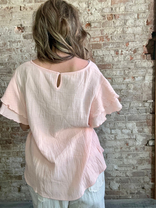 Ruffled Sleeve Gauze Top ~ Blush