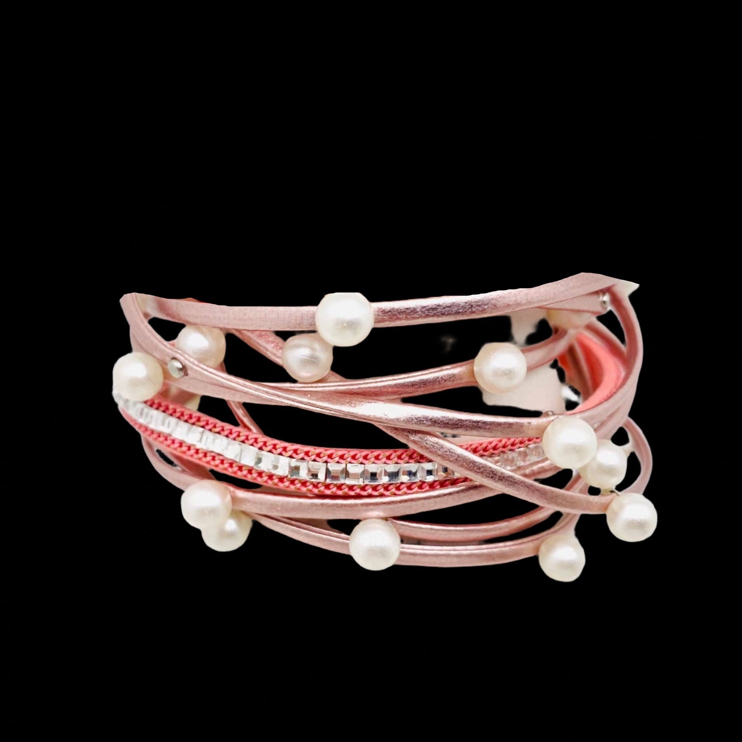 Metal Beads Pearl Multi-Layered Leather Bracelet: Pink + Pearl