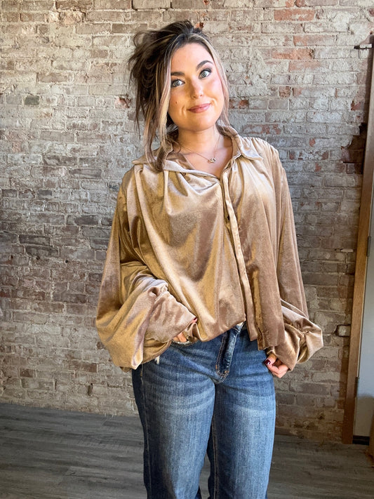 Velvet High Low Button Up ~ Mocha