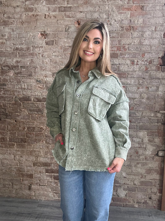 Washed Oversized Casual Denim Shacket ~ Sage