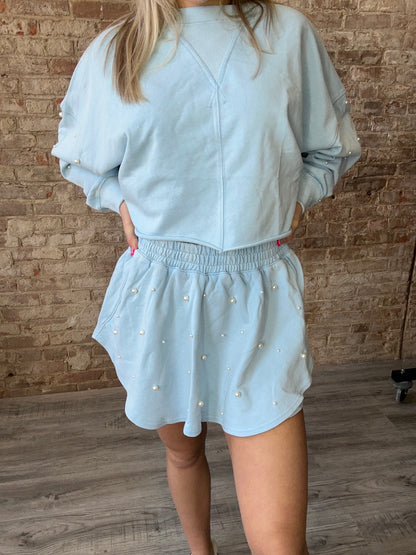 Sweet Light Blue Cropped Sweatshirt with Pearled Sleeves