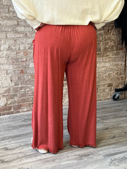 Curvy Wide Leg Linen Blend Pants ~ Brick