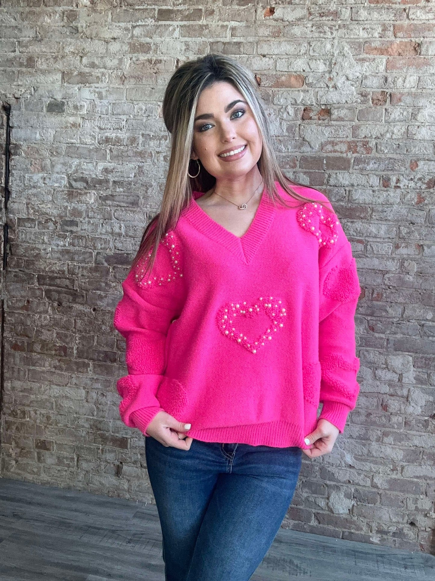 Heart Pearl Oversize Sweater ~ Fuchsia