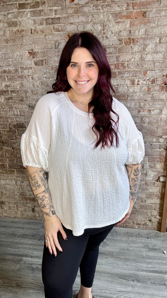 Curvy Textured Puff Sleeved Top ~ White