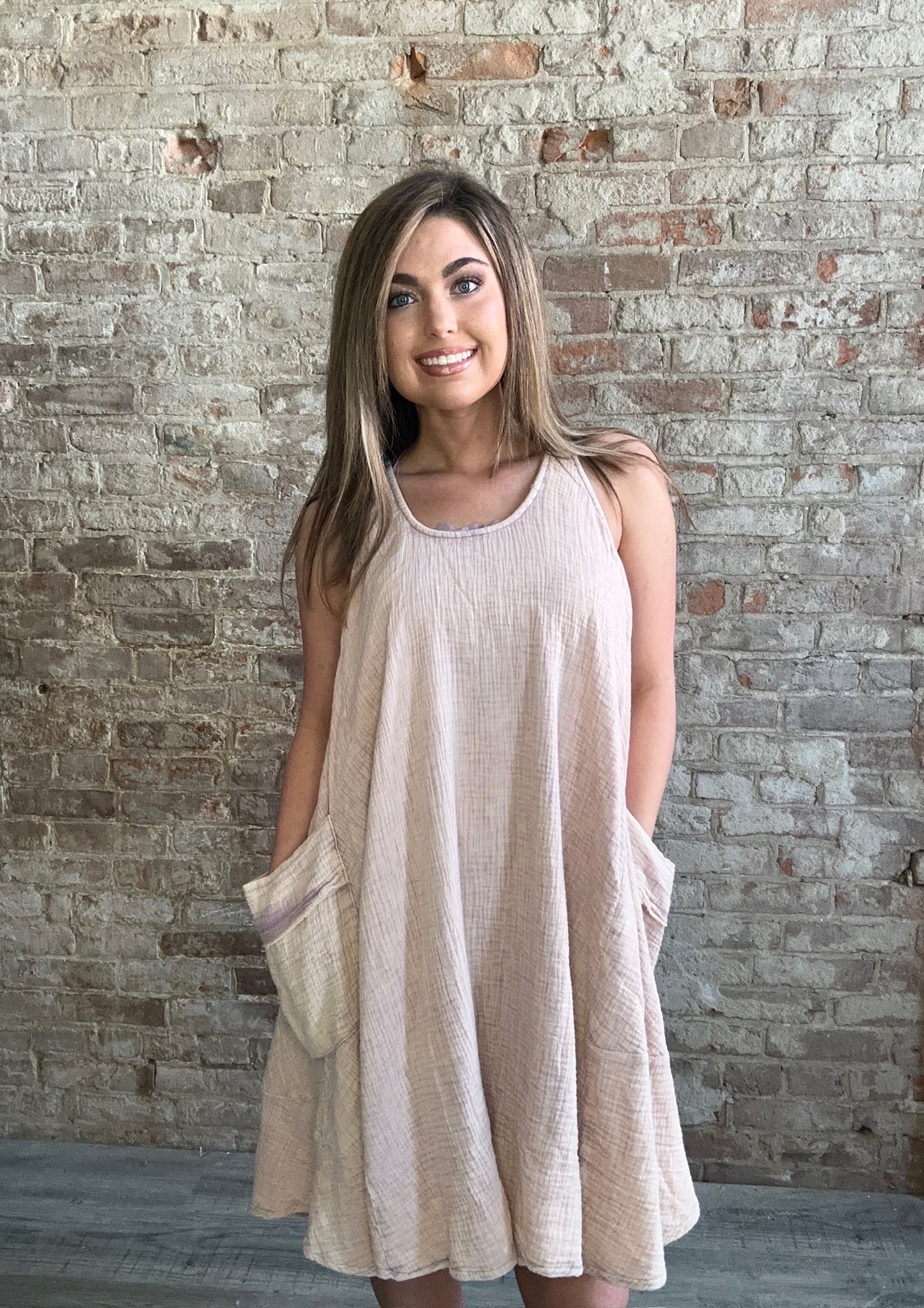 Mineral Washed Sleeveless Oversized Gauze Dress  ~  Taupe/Lavender