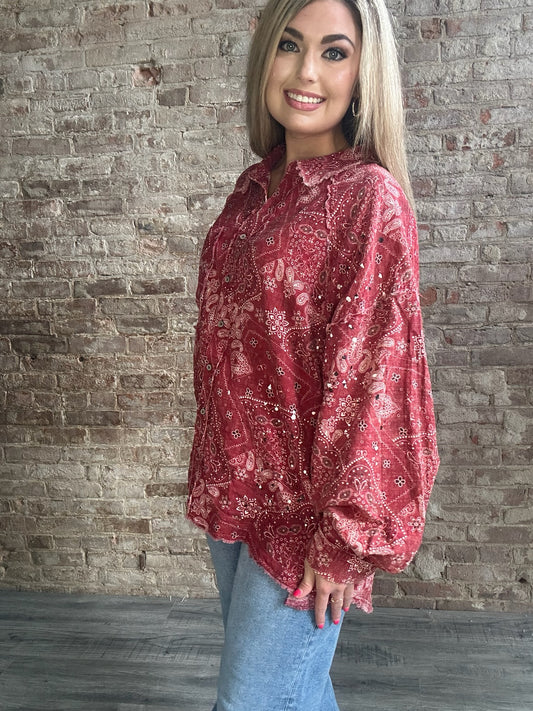 Scarf Print Button Up Light Weight Shacket ~ Red