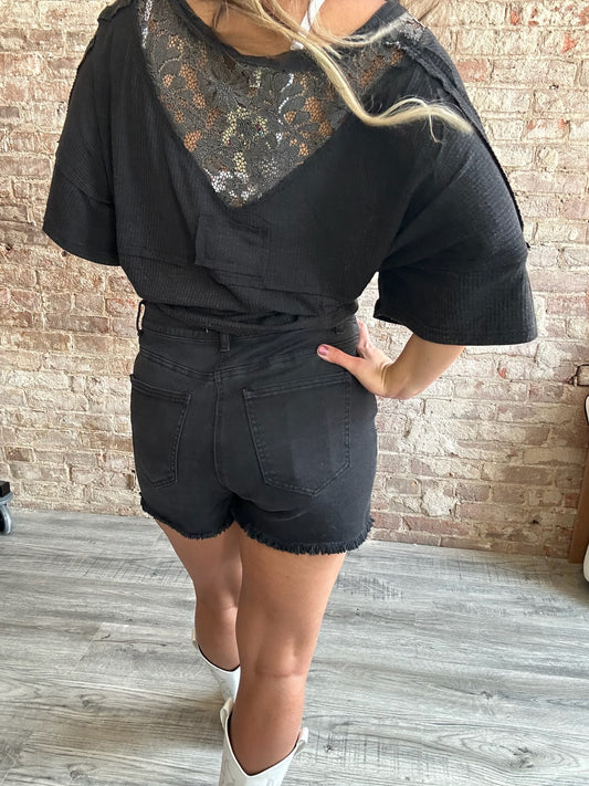 Short Sleeved Black Mixed Textured Shirt with Lace