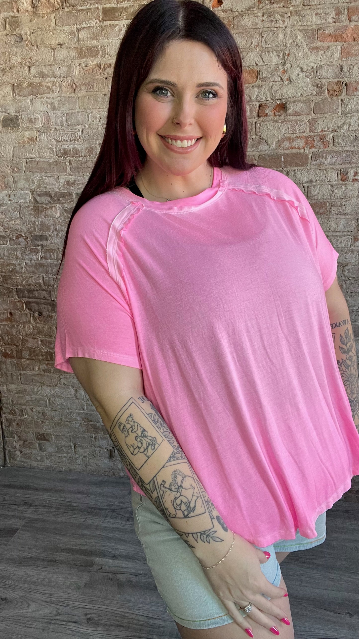 Curvy Washed Dolman Sleeve Top - Pink