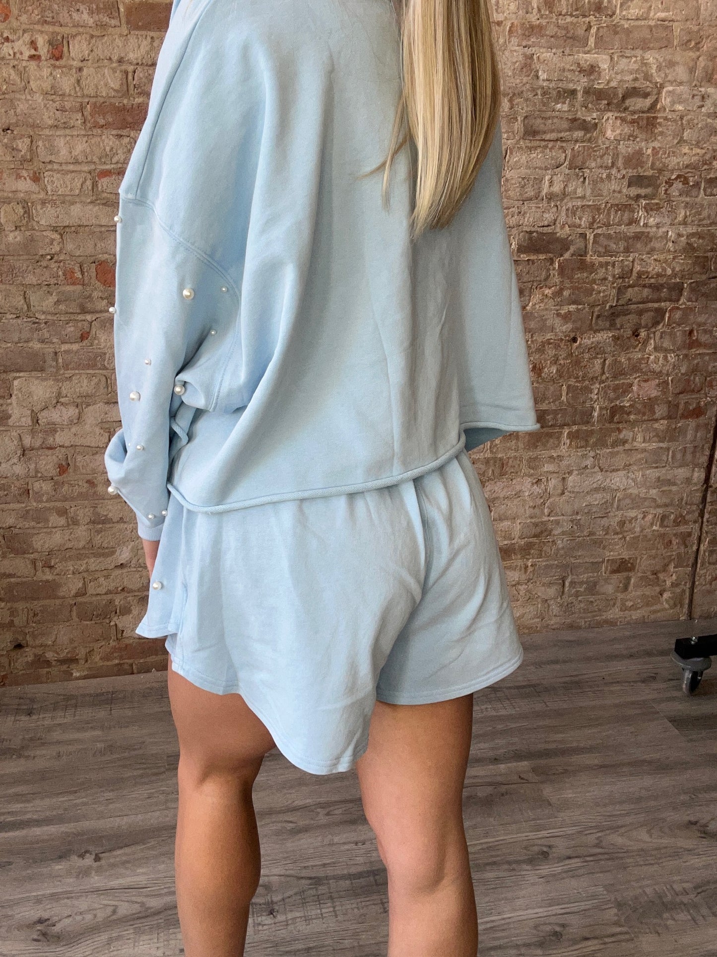 Sweet Light Blue Cropped Sweatshirt with Pearled Sleeves