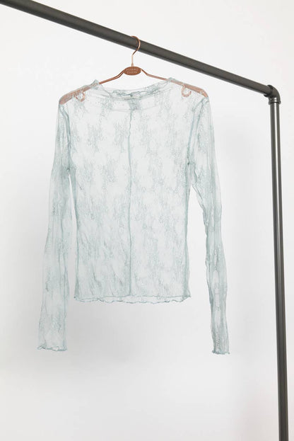 Long Sleeved Sheer Lace Mesh Layering Top ~ Aqua
