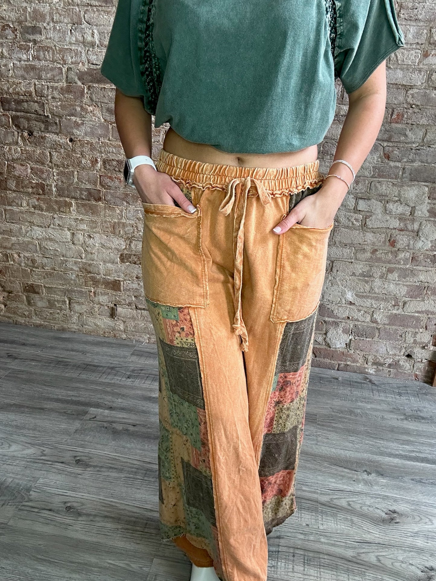 Mineral Washed Patchwork Flowy Pants