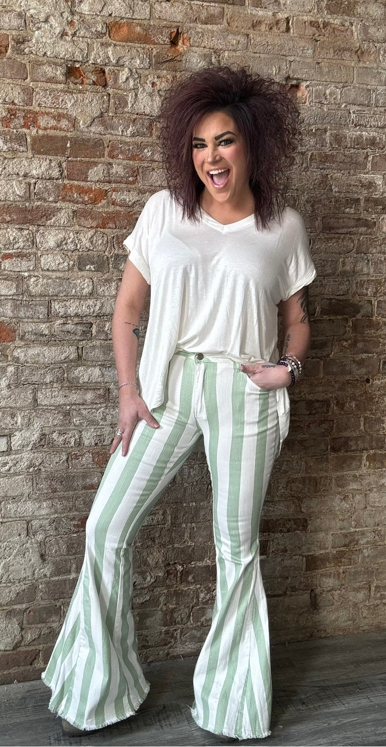 Striped Bell Bottom Jeans ~ Olive