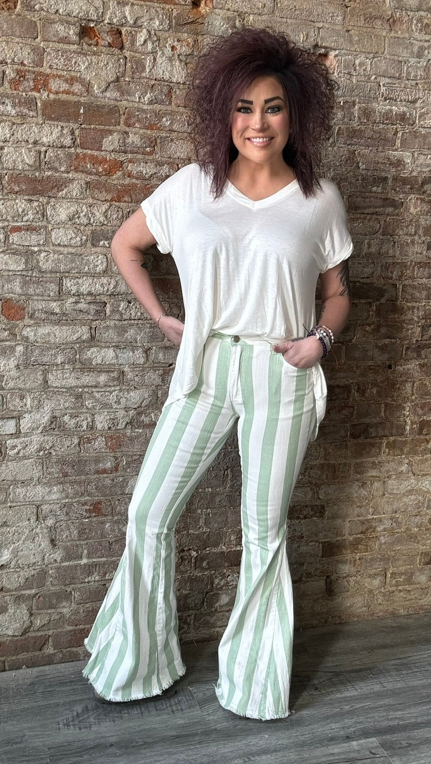 Striped Bell Bottom Jeans ~ Olive