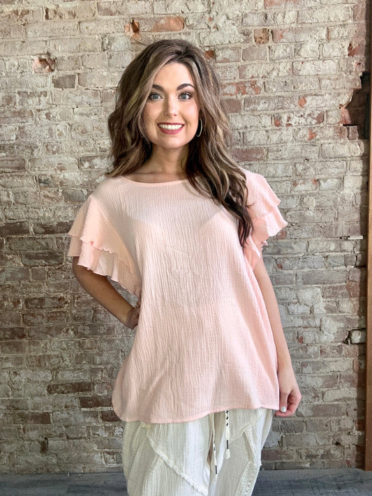 Ruffled Sleeve Gauze Top ~ Blush