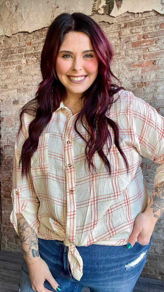 Curvy Light Plaid Button Up Shirt ~ Coral