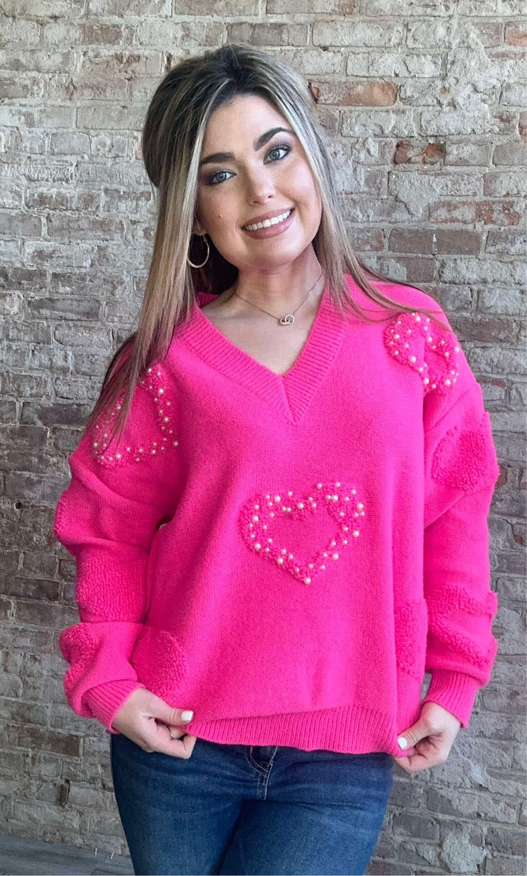 Heart Pearl Oversize Sweater ~ Fuchsia