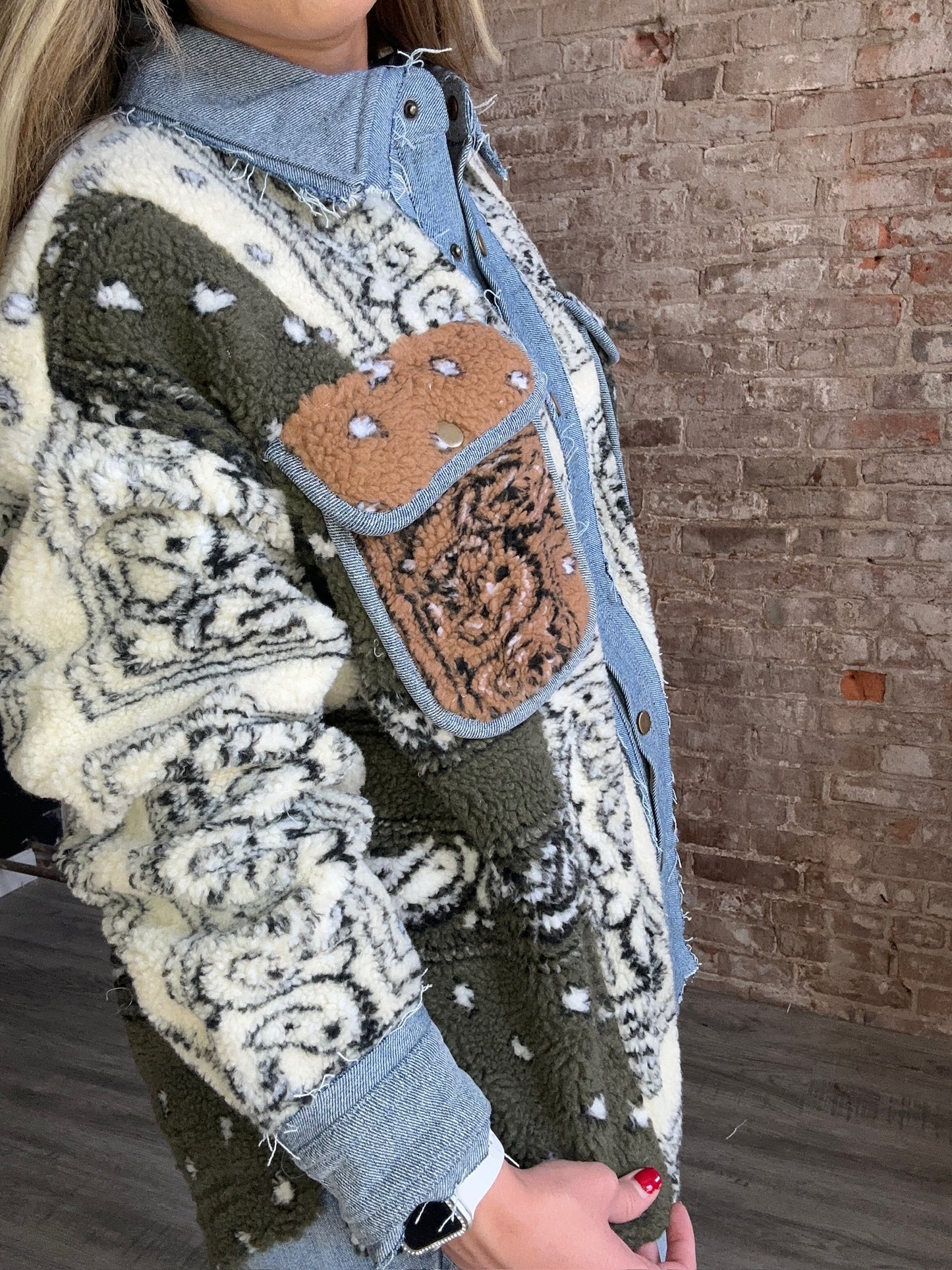 Bandana Print Mixed Sherpa Jacket