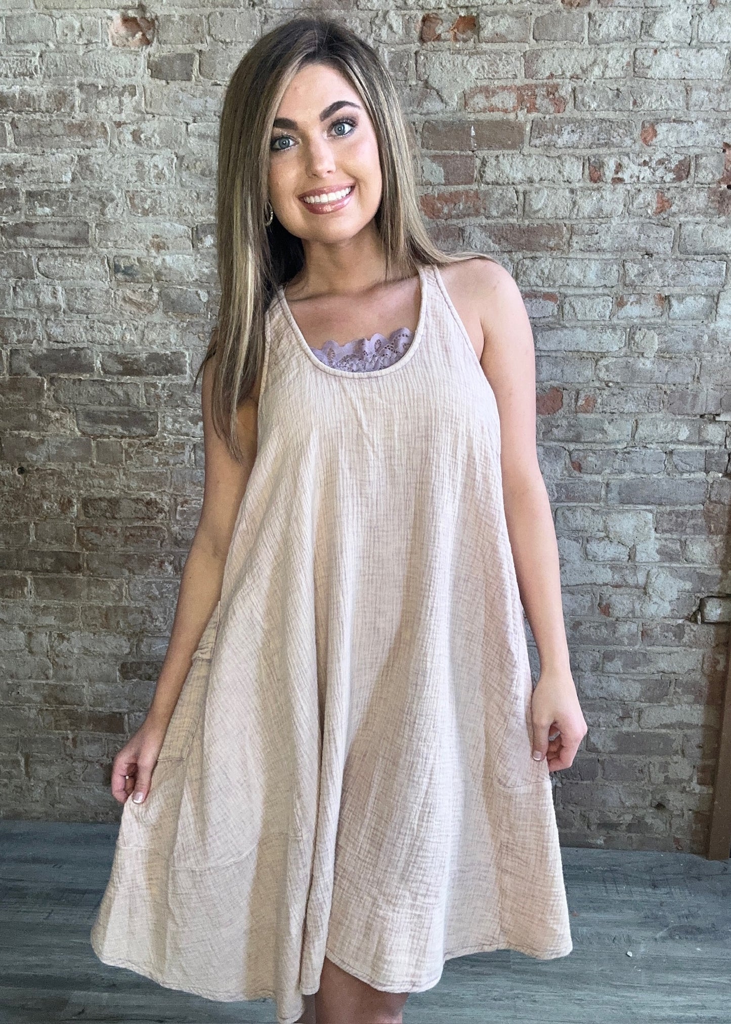 Mineral Washed Sleeveless Oversized Gauze Dress  ~  Taupe/Lavender