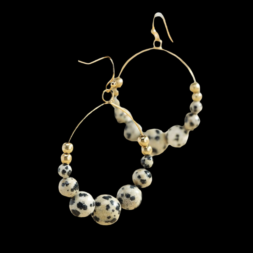 Natural Stone Beaded Dangle Drop Earrings ~ Dalmation