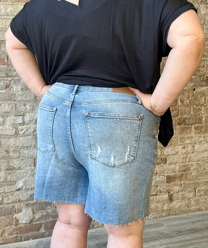 Curvy Judy Blue High Waisted Rhinestone Cut Off Shorts