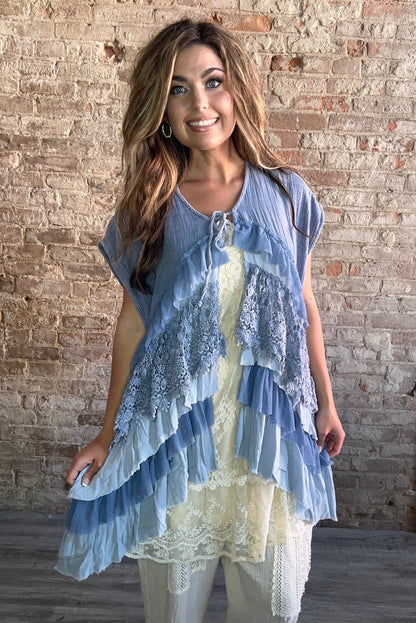 Mineral Washed Tiered Ruffle Vest ~ Blue