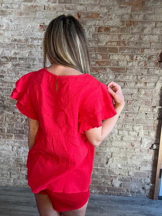 Ruffled Sleeve Gauze Top ~ Red