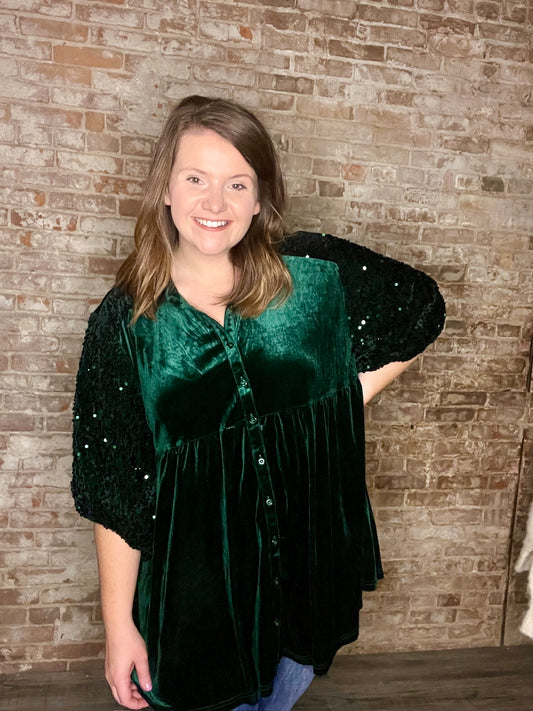 Curvy Velvet Sequined Tunic ~ Hunter Green