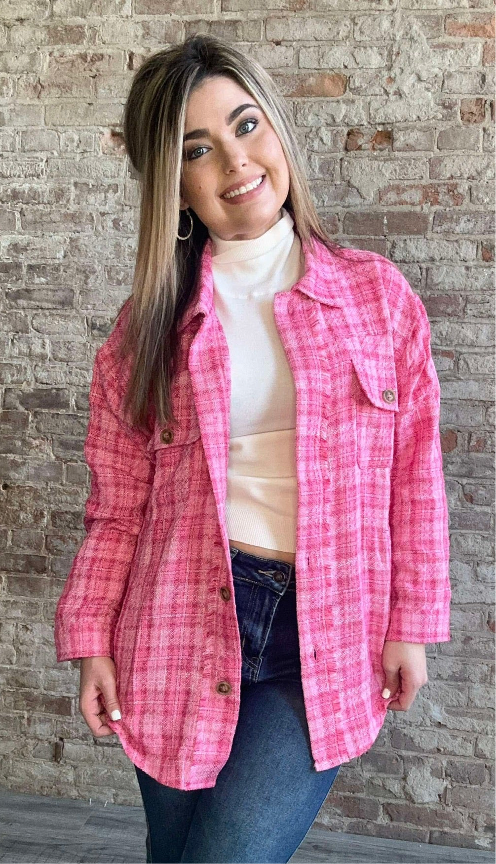 Sweet Pink Tweed Button Down Shacket