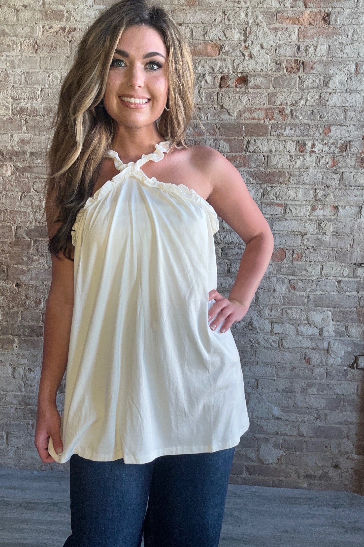 Halter Ruffle Trim Top ~ White