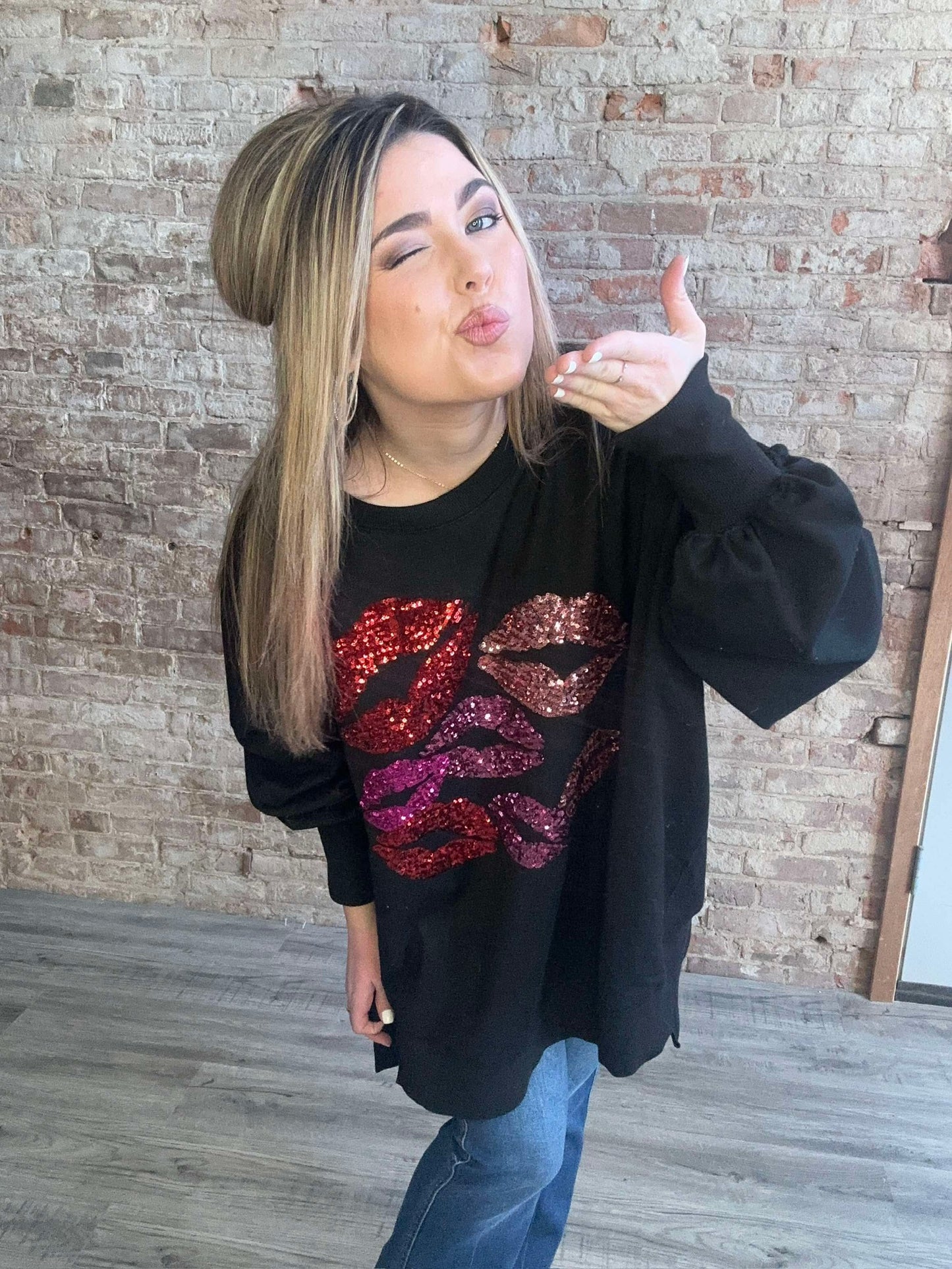 Sequin Kisses Loose Fit Sweatshirt ~ Black