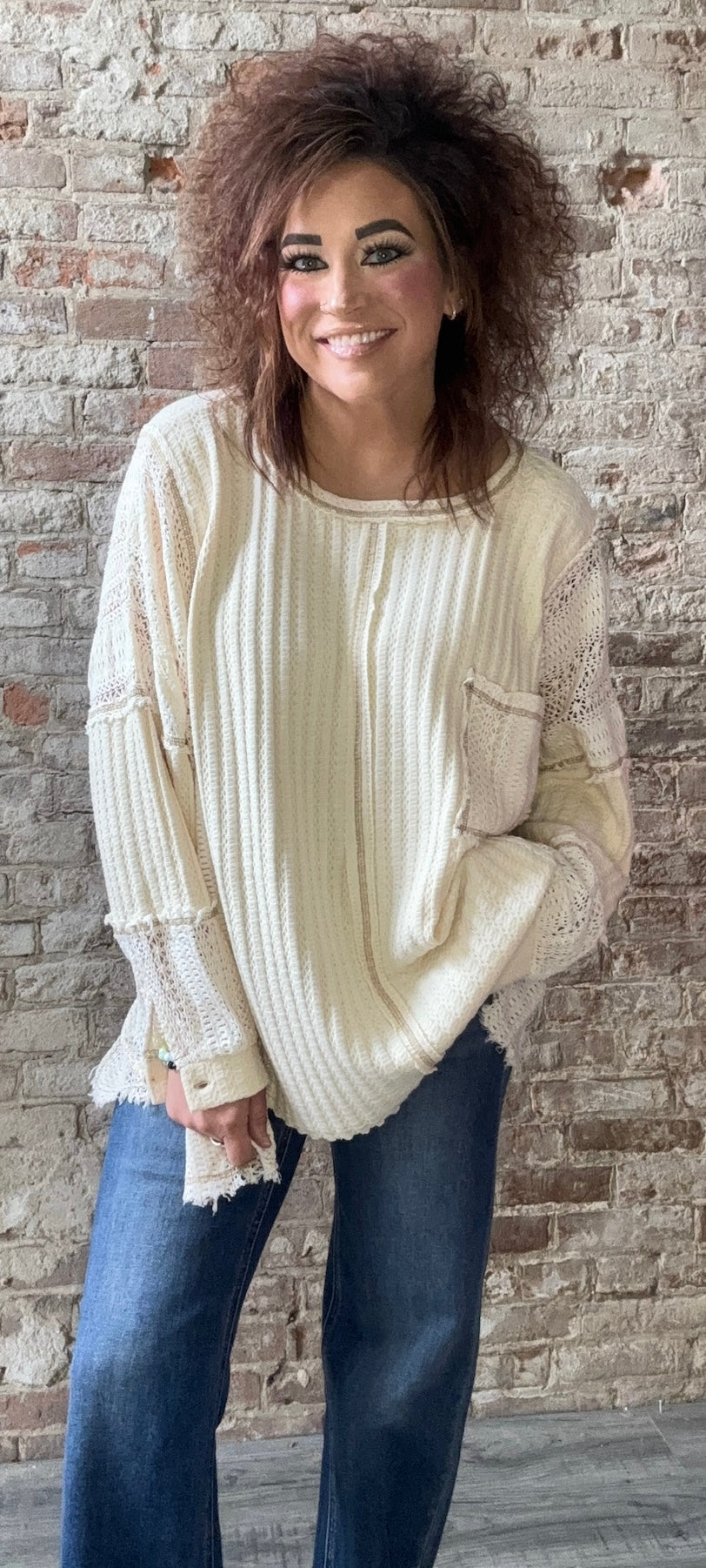 Ivory Mixed Fabric Knit Top with Tan Trim