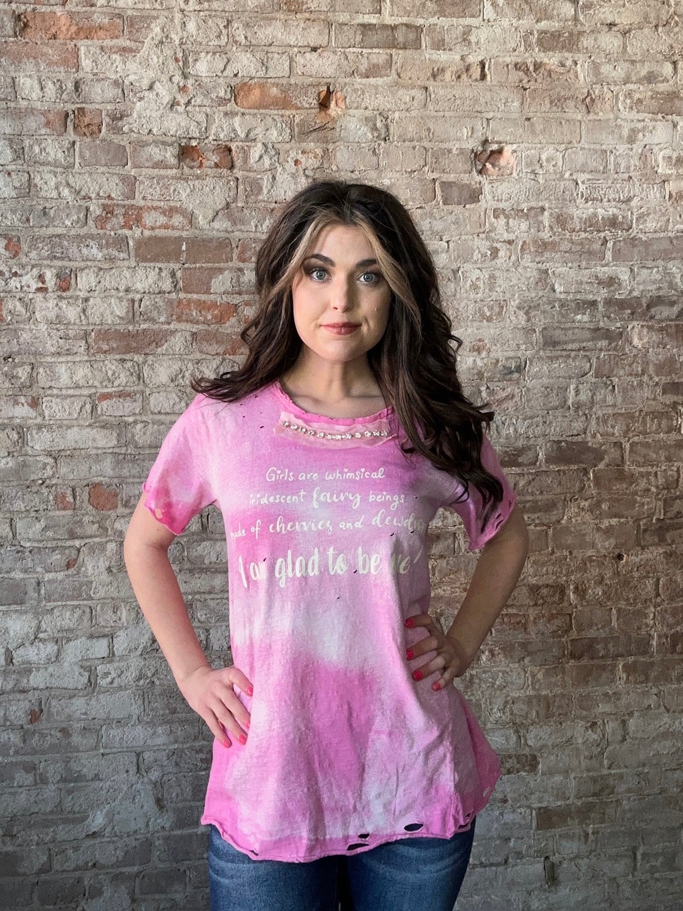 Girly Tattered Pink Rhinestone Tee