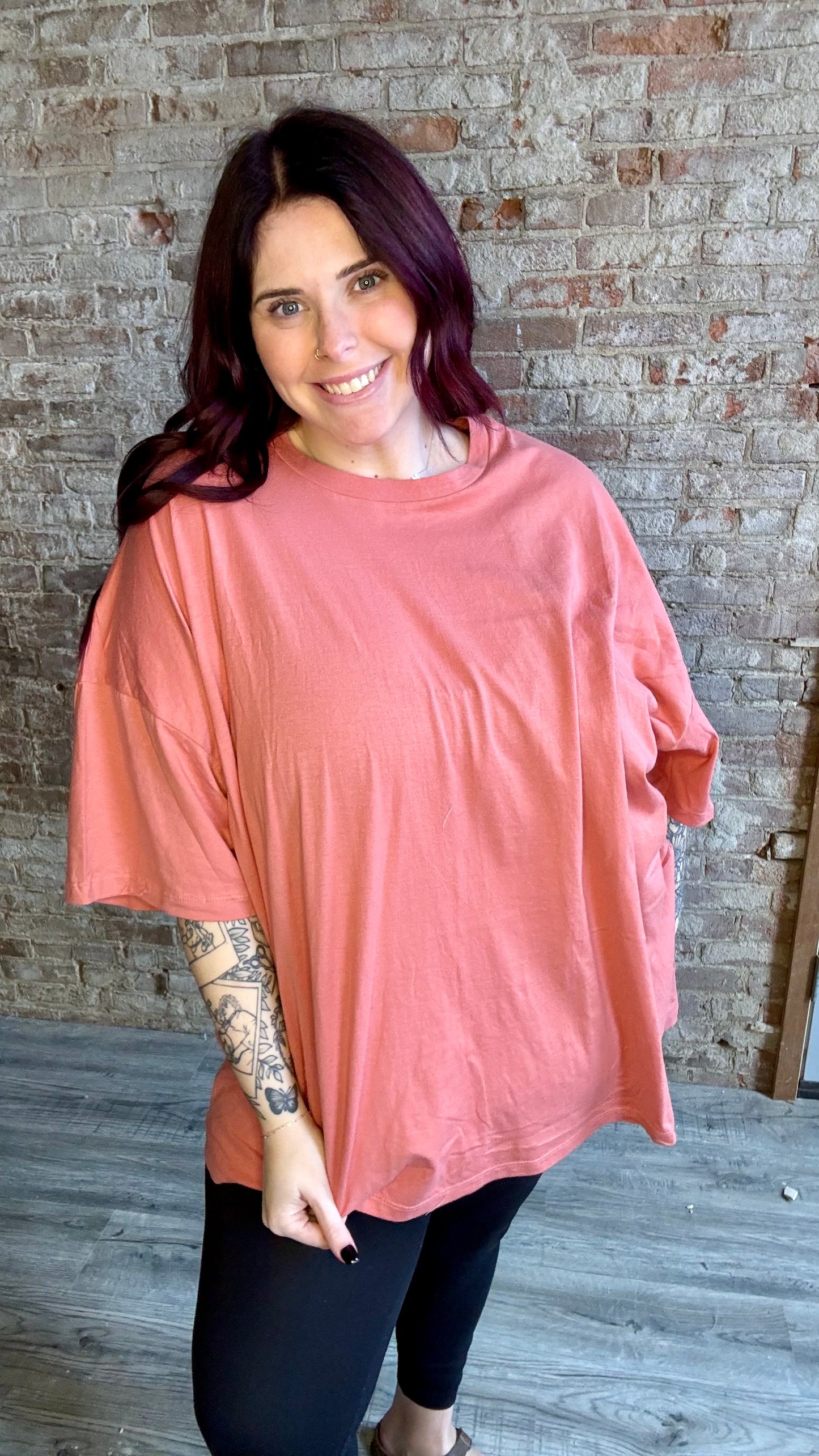 Curvy Cotton Shoulder Boyfriend Tee ~ Deep Coral